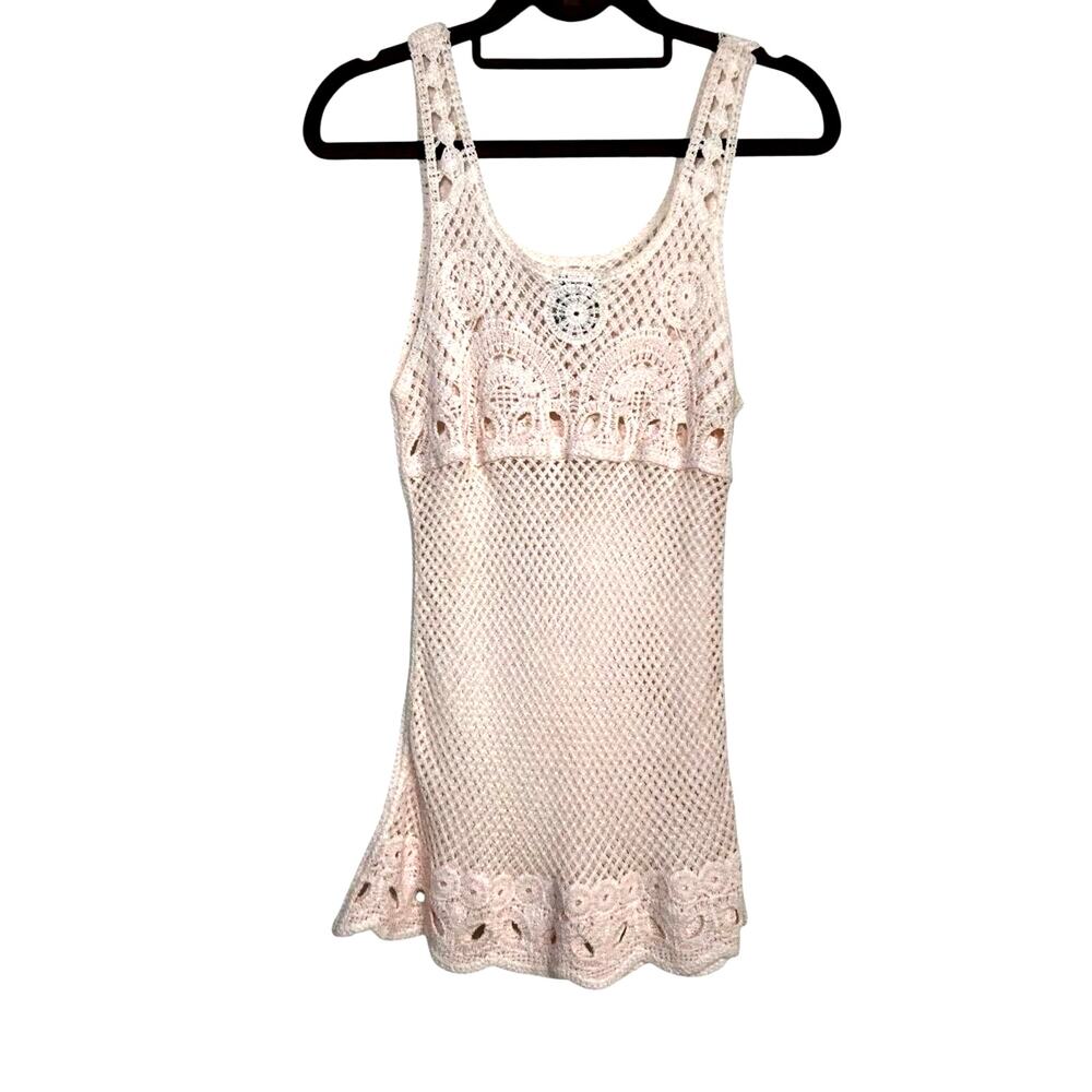 Color Siete Top Womens Size Small Pale Pink Tank Crochet Open‎ Knit Scoop Neck